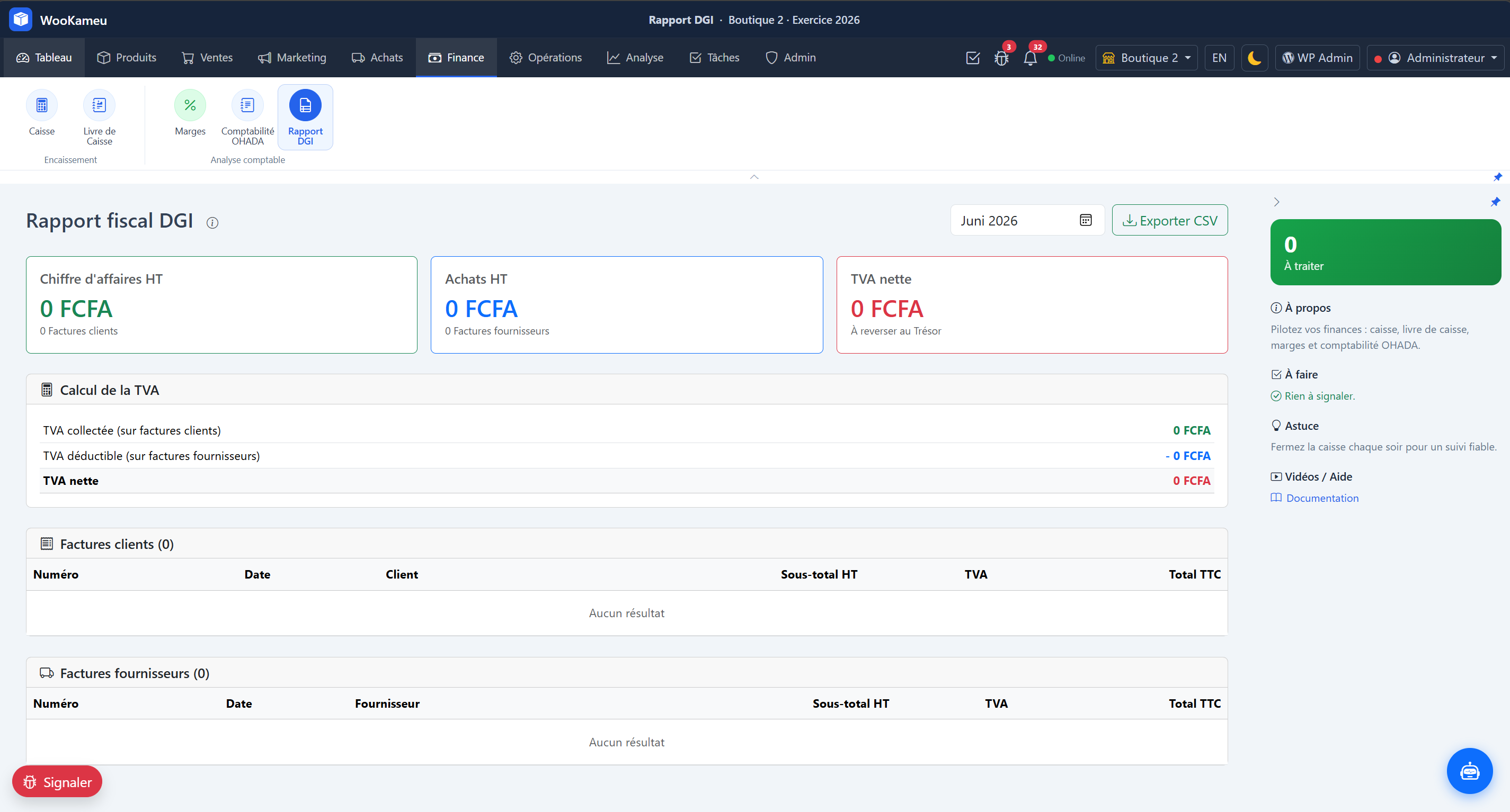 Rapport / Export — WooKameu finance
