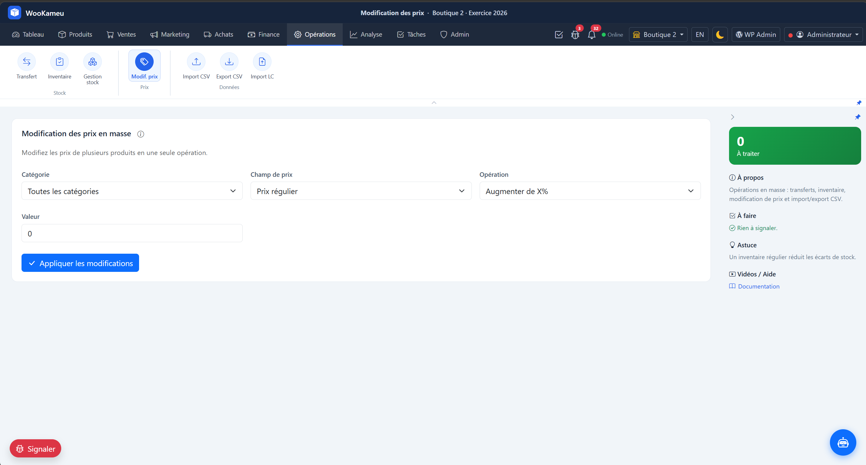 Rapport / Export — WooKameu operations